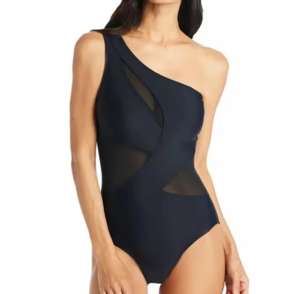 NWT BEYOND CONTROL One-Shoulder Assymetric Mesh Cut-out Black Swimsuit - Picture 1 of 13